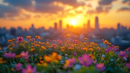 Naklejka premium Vibrant Wildflowers Against a Dazzling Sunset Over City Skyline