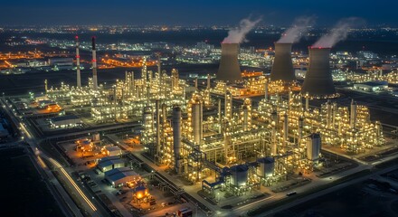 Obraz premium Aerial View of Industrial Plant at Night with Bright Lights and Towers