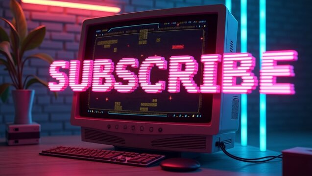 Retro Computer Displaying 'Subscribe' Message in a Neon-Lit Digital Environment - Powered by Adobe