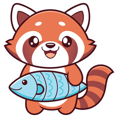 Adorable Red Panda Cartoon with Fish, Joyful, Mascot Style, Cute Animal Design