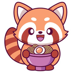 Cute Red Panda Holding Noodles Bowl, Smiling Cartoon Character Isolated on White Background