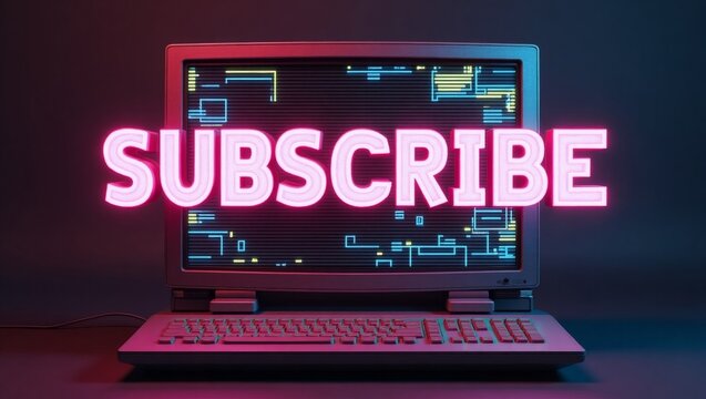 Retro computer display with glowing neon 'subscribe' text message and design elements