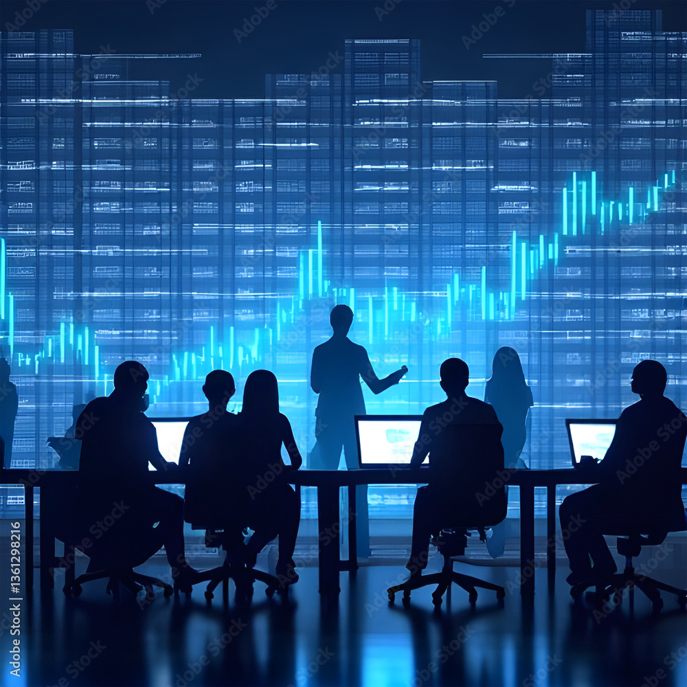 Poster a team of financial analysts intently focused on a dynamic data presentation, illuminated by a vibra