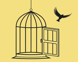 Bird flying away from open cage, symbolizing freedom and liberation. Empty birdcage with open door as a metaphor for escape and independence.