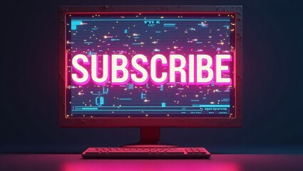 Futuristic neon subscribe button displayed on a retro style computer screen