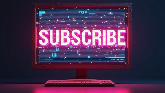 Futuristic neon subscribe button displayed on a retro style computer screen - Powered by Adobe