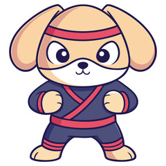 Cartoon Dog Wearing Ninja Costume in Defensive Stance, Cute Character with Outfit