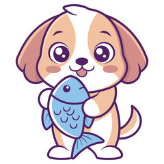 Charming Puppy Holding a Blue Fish, Cute Animal Character with Cartoon Eyes, Isolated
