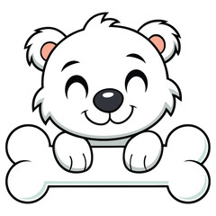 Cartoon Polar Bear Holding Bone, Smiling, White Fur, Happy Expression, Outline, Cute