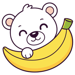 Cute Cartoon Bear Holding Banana, Funny Animal Mascot with Outline, Happy White Bear