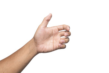 male hand showing empty open palm hand grabbing or holding something isolated on white background. use for placing a product