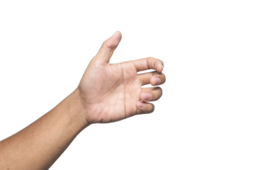 male hand showing empty open palm hand grabbing or holding something isolated on white background. use for placing a product