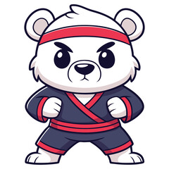 Cartoon Polar Bear in Karate Gi, Red Headband, Ready to Fight, Strong, White Background