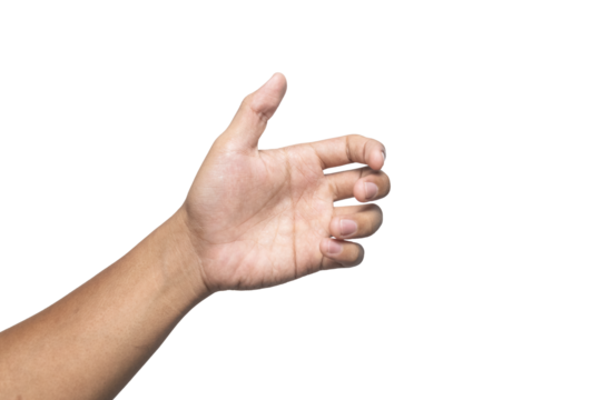 male hand showing empty open palm hand grabbing or holding something isolated on white background. use for placing a product