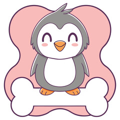 Cartoon Cute Penguin with Pink Background, Happy Expression & bone Outline,