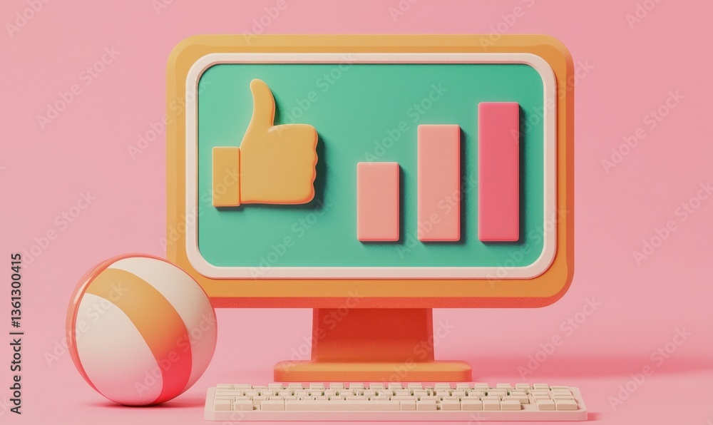 Poster colorful computer screen with thumbs up and graph on pink background