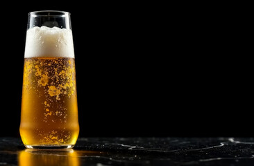 A large glass goblet with beer on a black background.