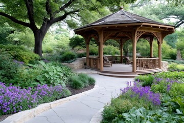 Obraz premium Wooden gazebo standing in a peaceful garden with purple flowers