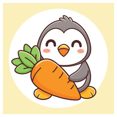Cartoon Happy Penguin Holding Carrot, Round Background, Isolated, Outline Style,