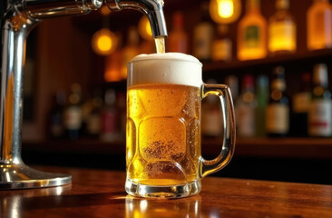 Beer is poured from the tap into a large glass mug standing on a bar counter.