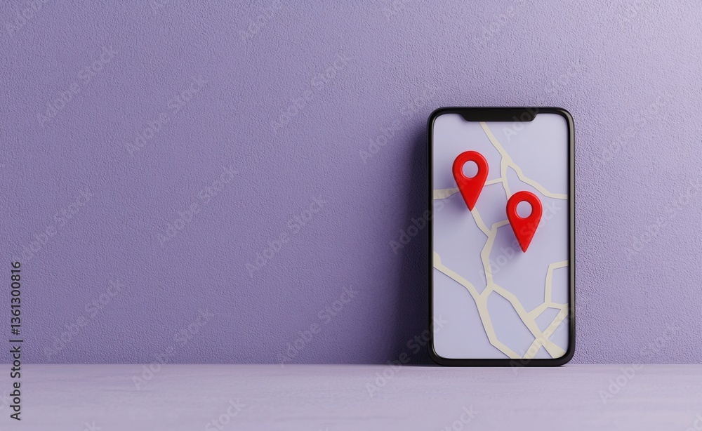 Poster smartphone displaying map with location pins on purple background