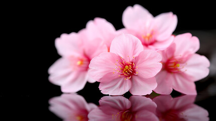 Delicate Pink Blossoms on Glossy Surface Floral Still Life with Reflections and Soft Focus
