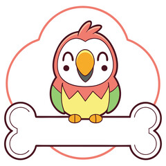 Playful Cartoon Parrot Character on Bone Shape Sign, Cute Bird with Closed Eyes