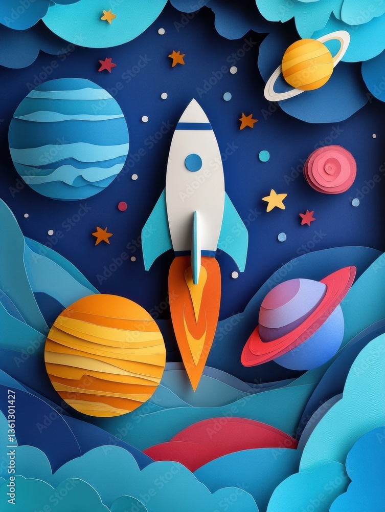 Poster layered paper cut art showcases vibrant planets and a rocket ship in a deep cosmic blue universe fil