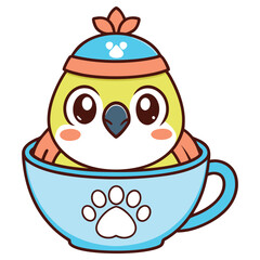 Cartoon Yellow Bird with Hat Inside of Blue Tea Cup Isolated on White Background