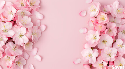 Delicate Pink Flowers and Petals Cascade Against a Gentle Pink Backdrop for Elegant Presentation