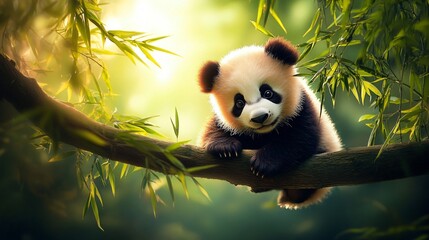 Obraz premium An adorable panda cub sitting on a branch smiling softly