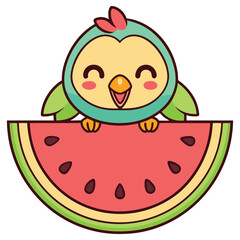 Obraz premium Happy Cartoon Bird Character with Watermelon Slice, Summer, Fresh Fruit, Cute Mascot
