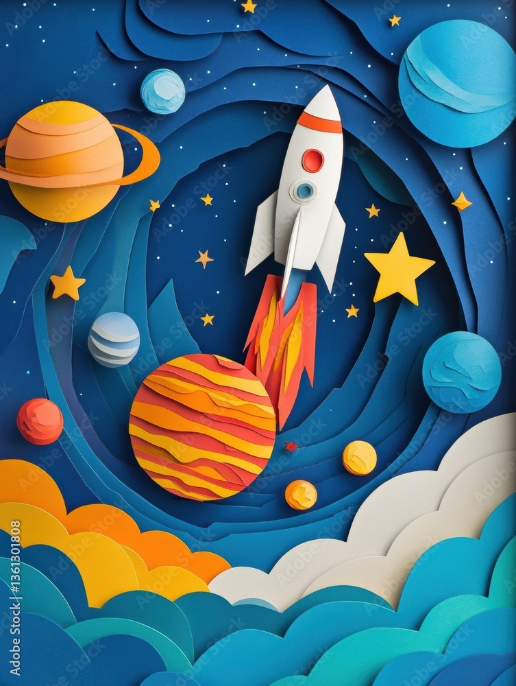 Poster colorful layered paper cut space exploration with planets, rocket ship, and starry background in vib