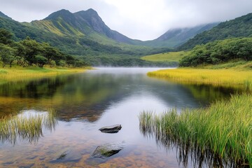 Fototapeta premium Mist floating over the lake in the mountains surrounding lush vegetation