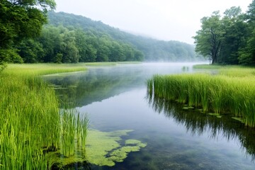 Obraz premium Pristine lake reflecting surrounding lush vegetation and morning mist