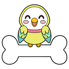 Cartoon Budgie Bird Sitting Bone, Cute, Yellow, Blue, Smiling, Happy, Isolated, Funny
