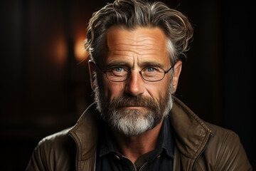 Obraz premium Focused Gaze: A Mature Man Squinting While Wearing Eyeglasses