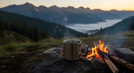Caf&eacute; junto a la fogata con vista a la monta&ntilde;a