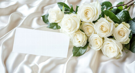 Obraz premium Elegant white roses arranged beautifully on silky fabric, perfect for expressing love and appreciation