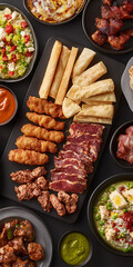 Delicious Appetizers Platter featuring Fried Sticks Sliced Meat and Variety Sauces Culinary Delights