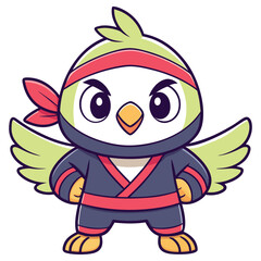 Cartoonish Bird in Ninja Outfit with Red Headband and Intense Gaze, Isolated Style