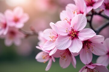 Delicate pink sakura blossoms, full bloom, soft petals , background, floral pattern, delicate