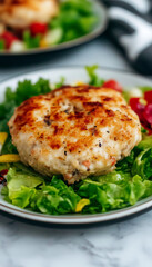 Delicious Chicken Patties on Lettuce Surrounded by Tomatoes and Yellow Bell Peppers Display