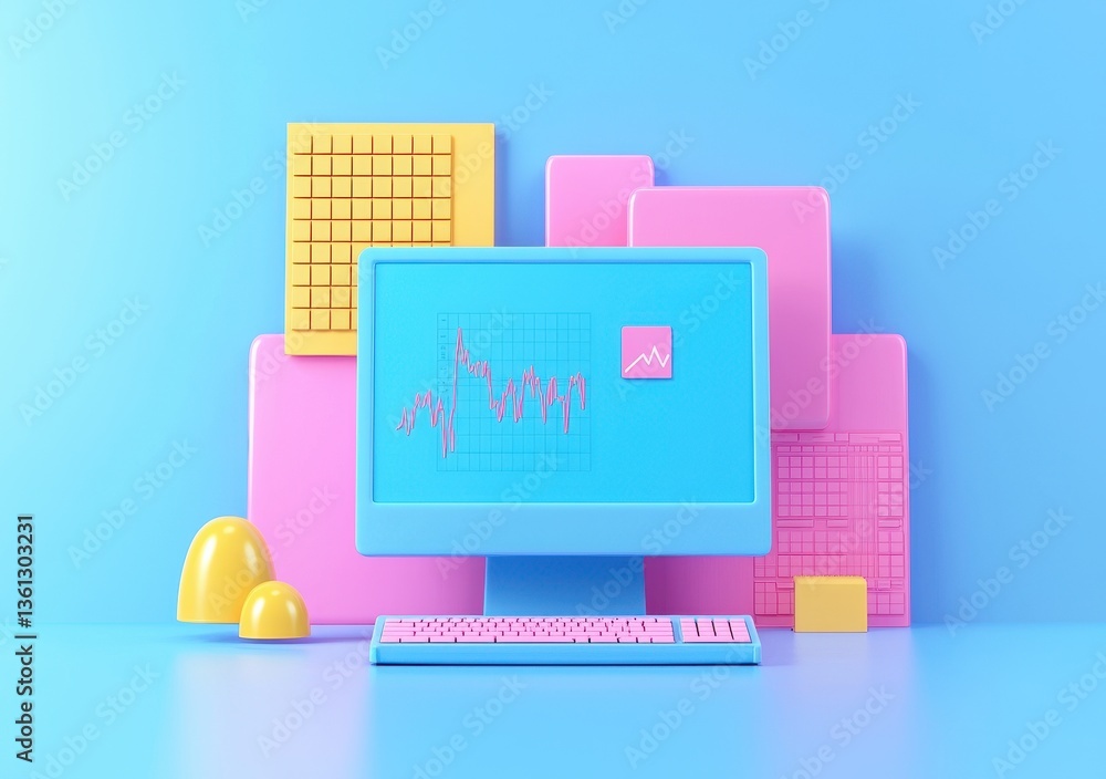Poster vibrant computer setup with charts and graphs in pastel colors