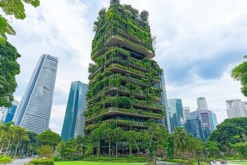 Fototapeta premium Stunning view of a lush, green, vertical garden skyscraper amidst modern city buildings. A symbol of sustainable urban design and architecture.