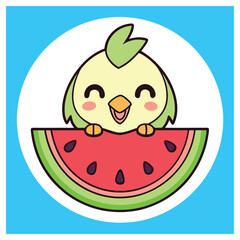 Cute Cartoon Bird Holding Watermelon Slice, Smiling, Light Yellow, Summer Fruit