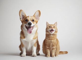 Obraz premium Happy Dog and Expressive Cat Sitting Side by Side Portrait