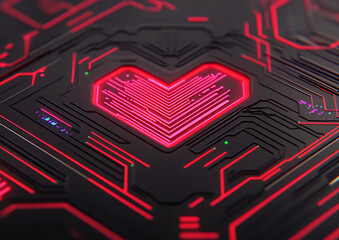 Digital Circuit Board Heart Shape Glowing Red Cyber Love Electronic Motherboard Tech Design