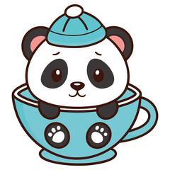 Cute Panda Bear with Blue Beanie Inside a Cup, Cartoon Character Isolated on White