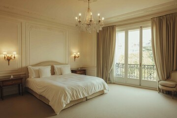 Fototapeta premium Luxurious bedroom with king-size bed, French doors, and crystal chandelier.